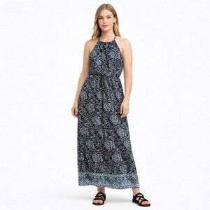 Lucky Brand Maxi Dress Women XL Black Blue Paisley Halter Tie Rayon Boho